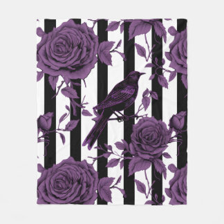 Stripes With Purple Roses and Crows Fleece Blanket