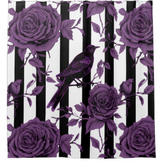 Stripes With Purple Roses and Crows Shower Curtain