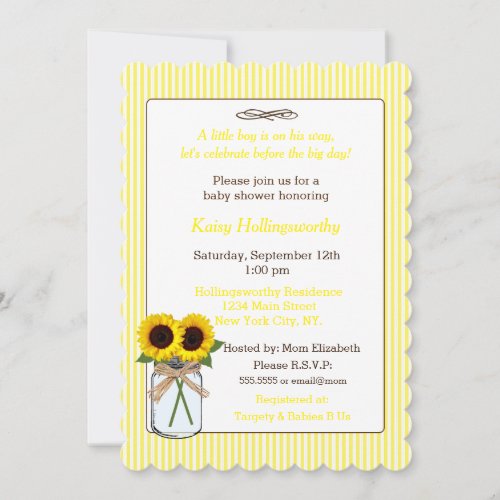 Stripes with Sunflowers in Mason Jar Baby Shower Invitation