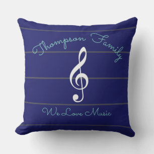 stripes with treble clef, family who loves music throw pillow