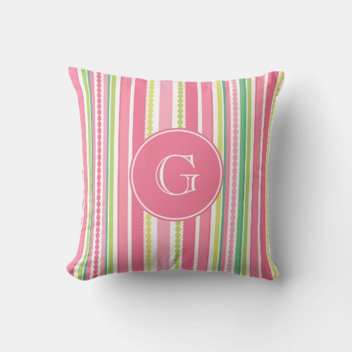Stripey beads pink and green monogram throw pillow