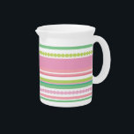 Stripey beads pink and green pattern milk jug pitcher<br><div class="desc">This bright milk jug would make a great splash of colour to your kitchen or work place. Exclusively designed by Sarah Trett.</div>