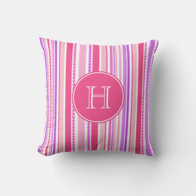 Stripey beads pink purple monogram throw pillow (Front)