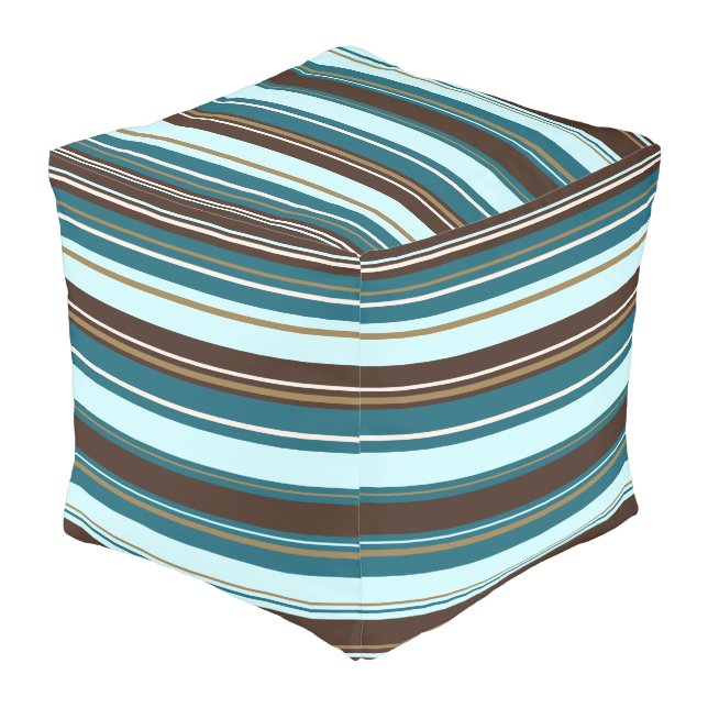 Stripey Design Brown Teals Cream & Gold Pouf (Angled Back)