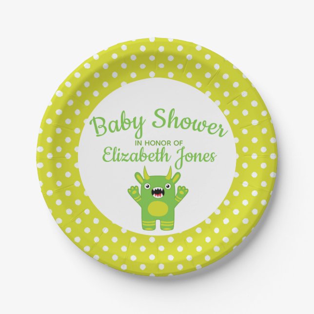 Stripey Green Little Monster Baby Shower Paper Plates (Front)