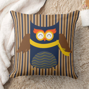Stripey Owl Cotton Throw Pillow, 20" x 20" Throw Pillow