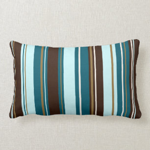Stripey Vertical Design Brown Teals Cream & Gold Lumbar Pillow