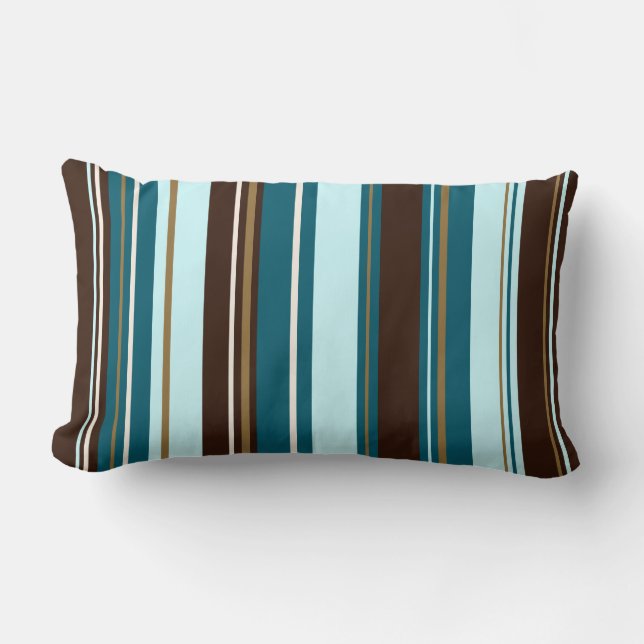 Stripey Vertical Design Brown Teals Cream & Gold Lumbar Pillow (Front)