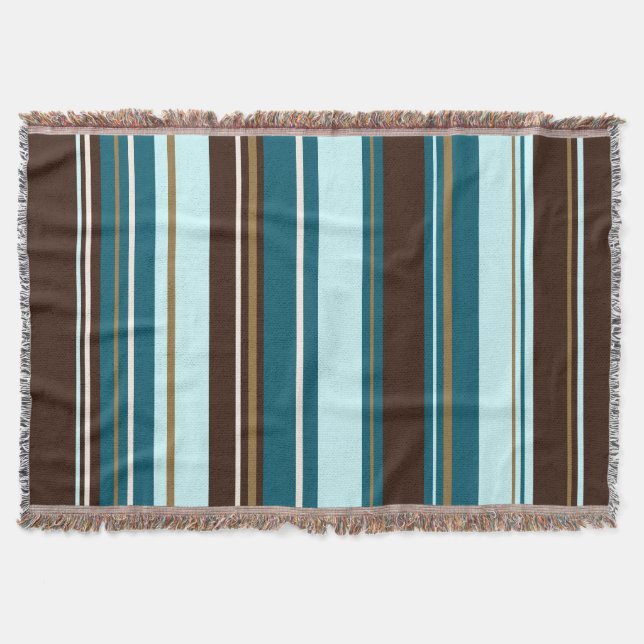 Stripey Vertical Design Brown Teals Cream & Gold Throw Blanket (Front)