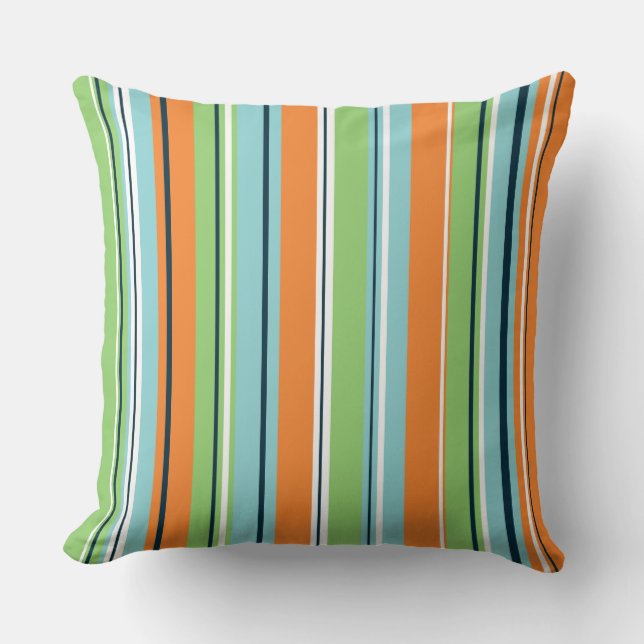 Stripey Vertical Design Green Blues Orange & White Throw Pillow (Front)