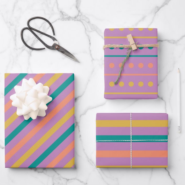 Stripped Dots Rosy Purple Green and Mustard  Wrapping Paper Sheets (Front)
