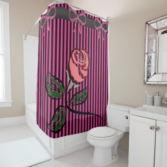Stripped pink bow  black floral showercurtain shower curtain (In Situ)