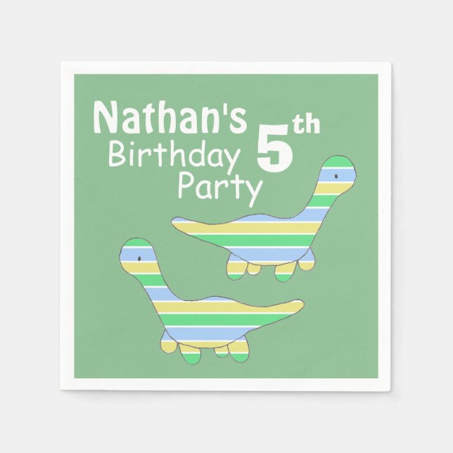 Stripy Dinosaur Green Custom Kids Birthday Napkins (Front)