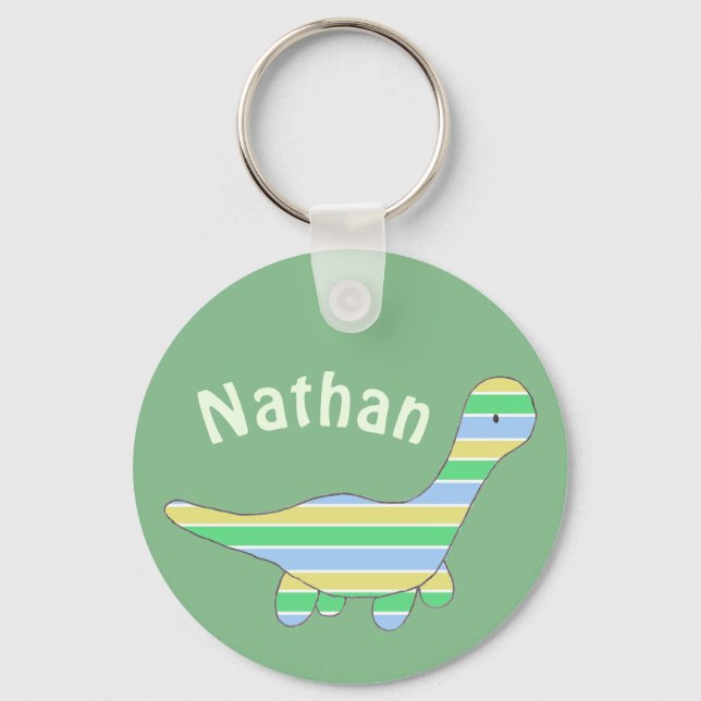 Stripy Dinosaur Green Personalised Keychain (Front)