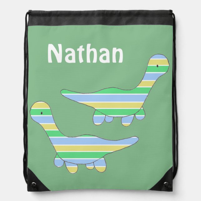 Stripy Dinosaurs Green Personalised Kids Drawstring Bag (Front)