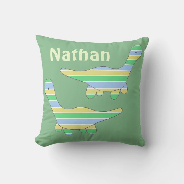 Stripy Green Dinosaur Personalised Throw Pillow (Front)