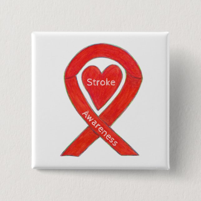Stroke Awareness Red Heart Ribbon Custom Art Pin (Front)