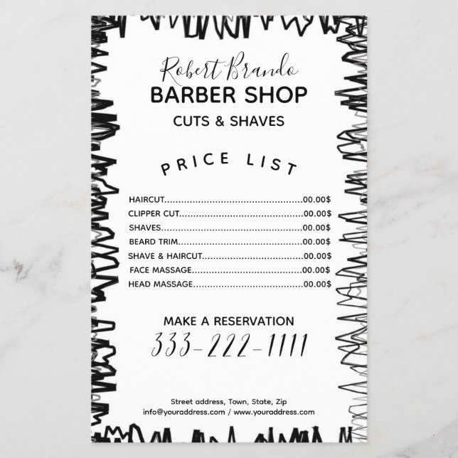 Stroke Line Border Black & White Barber Price List Flyer (Front)