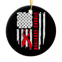 Stroke Survivor Awareness USA Flag Red Ribbon Ceramic Ornament