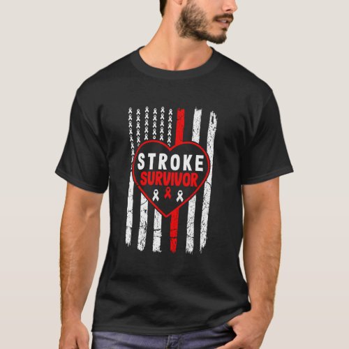 Stroke Survivor Red Ribbon Usa Flag Dad Mom Stroke T_Shirt