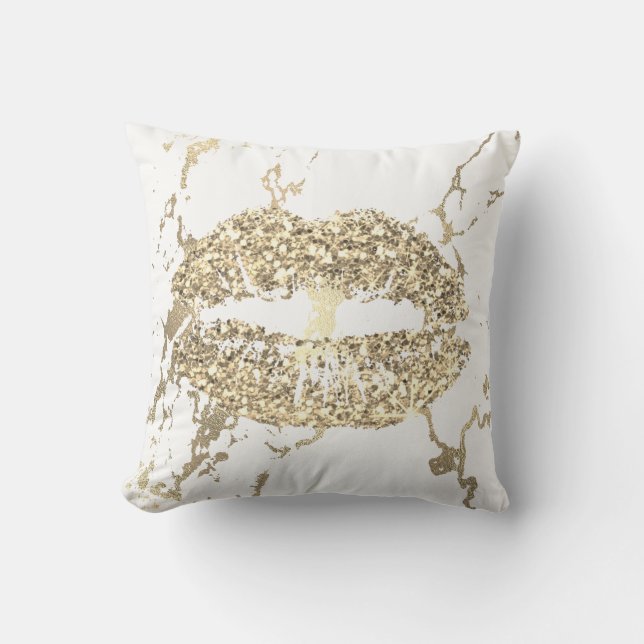 Strokes Gold Glitter Kiss Lips Makeup White Marble Throw Pillow (Front)