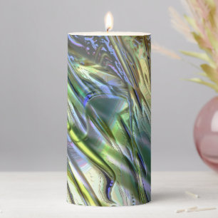 Strokes in bamboo style, soft pearly green yellow pillar candle