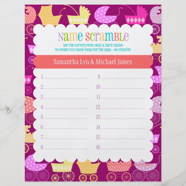 Stroller Chic - Baby Shower Bingo & Name Scramble Flyer