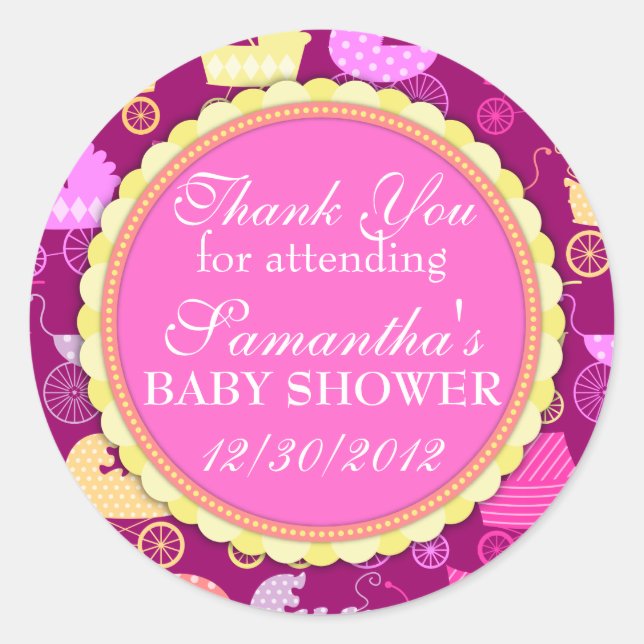 Stroller Chic (Girly) Baby Shower Classic Round Sticker (Front)