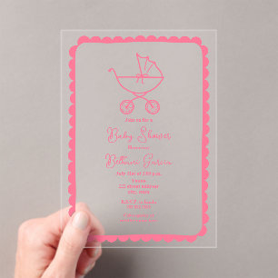 Stroller Hand Drawn Border Pink Girl Baby Shower Acrylic Invitations