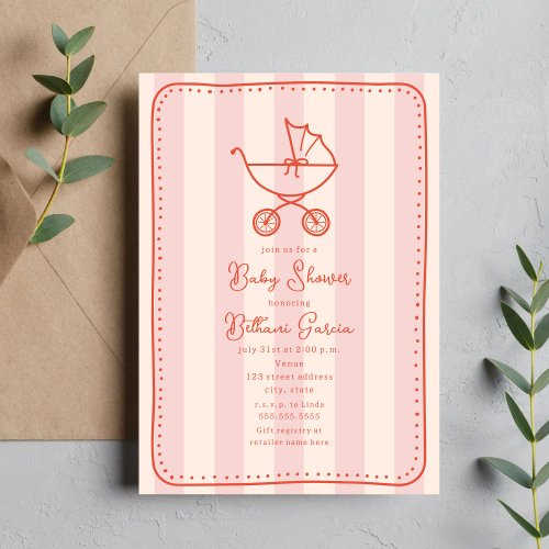 Stroller Sketch Doodle Dots Pink Girl Baby Shower Invitation