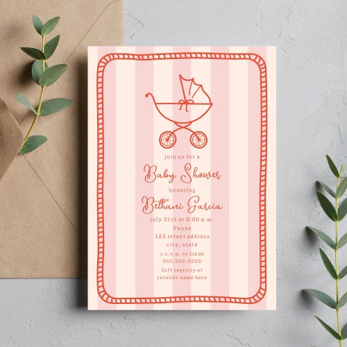 Stroller Sketch Doodle Pink Girl Baby Shower Invitation