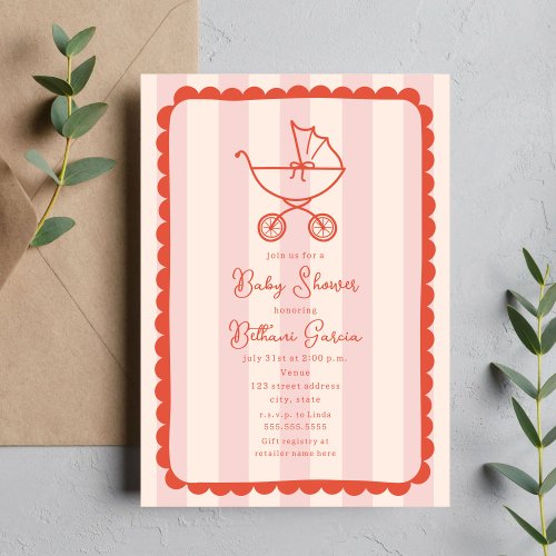 Stroller Sketch Scalloped Pink Girl Baby Shower Invitation