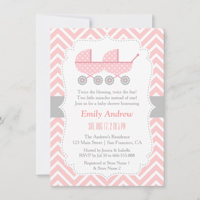 Strollers Twin Girl Baby Shower Invitations (Front)