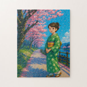 Strolling Under Cherry Blossoms – Japanese Kimono Jigsaw Puzzle