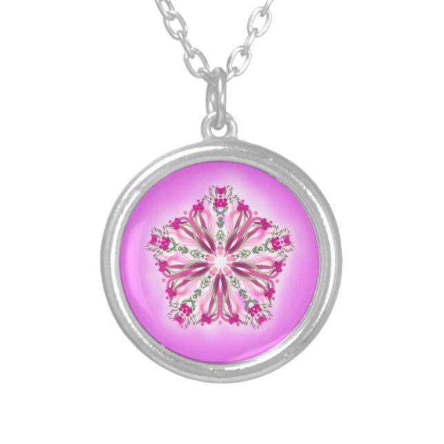 *~* Strong Glowing Pink Star Mandala Healer Reiki Silver Plated Necklace (Front)
