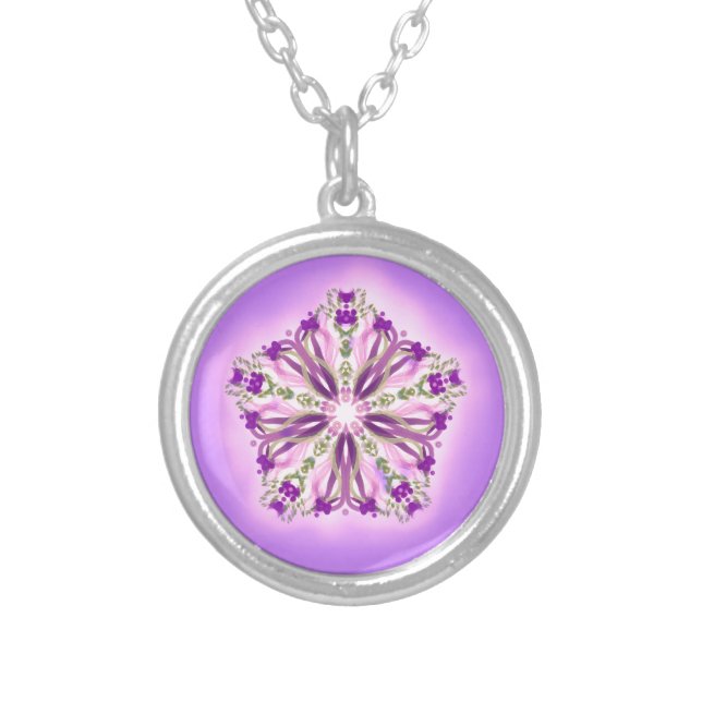 *~* Strong Healer Glowing Magenta Star Mandala Silver Plated Necklace (Front)