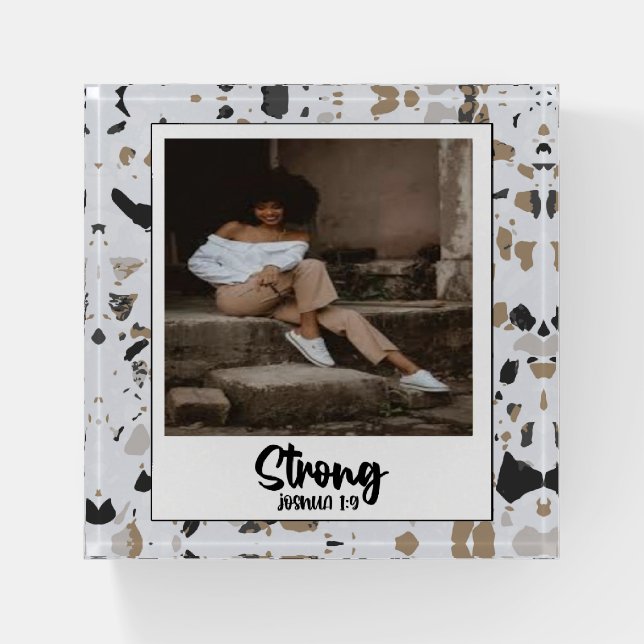 Strong Joshua 1:9 Terrazzo Pattern Paperweight (Front)