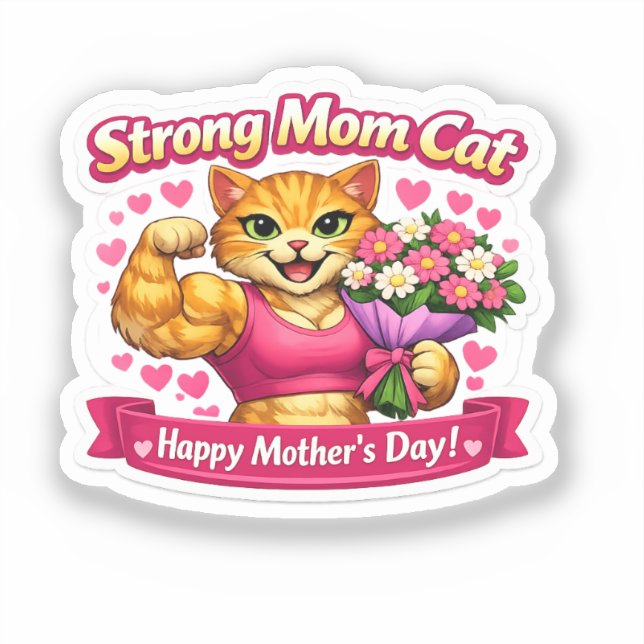 Strong Mom Cat Sticker – Funny Fitness Gift (Front)