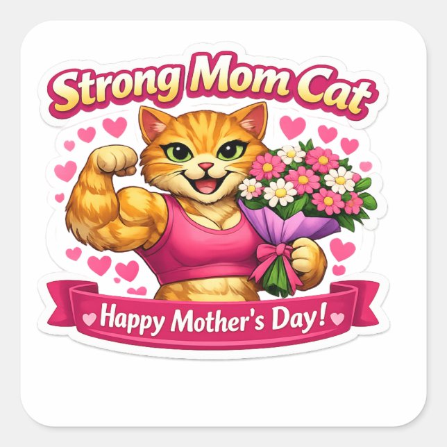 Strong Mom Cat Sticker – Funny Fitness Gift (Front)