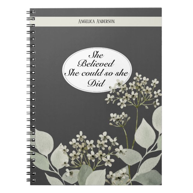 Strong quote and custom name floral notebook (Front)