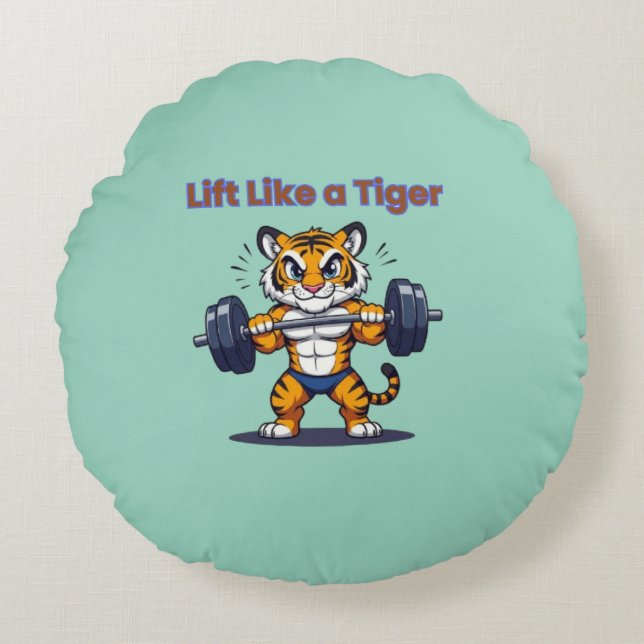 **Strong Tiger – Cute Tiger Lifting Weights Illust Round Pillow (Front)