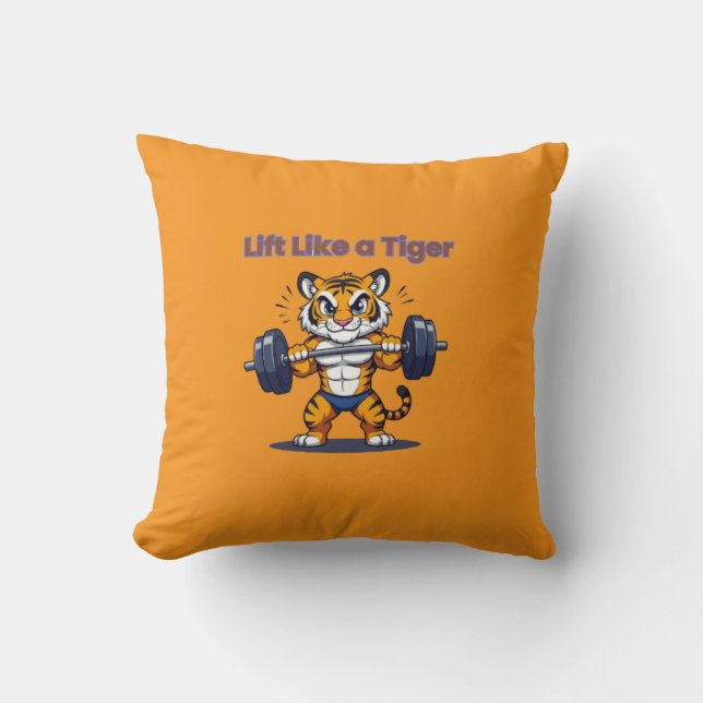 **Strong Tiger – Cute Tiger Lifting Weights Illust Throw Pillow (Front)