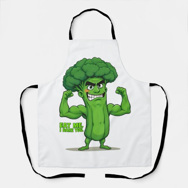Strong Veggies Club-Flexing Broccoli Funny Cartoon Apron (Front)
