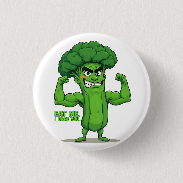 Strong Veggies Club-Flexing Broccoli Funny Cartoon Button (Front)