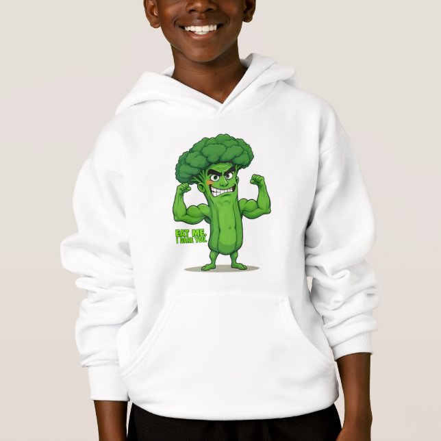 Strong Veggies Club-Flexing Broccoli Funny Cartoon Hoodie (Front)