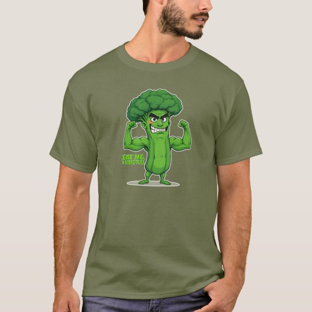 Strong Veggies Club-Flexing Broccoli Funny Cartoon T-Shirt (Front)