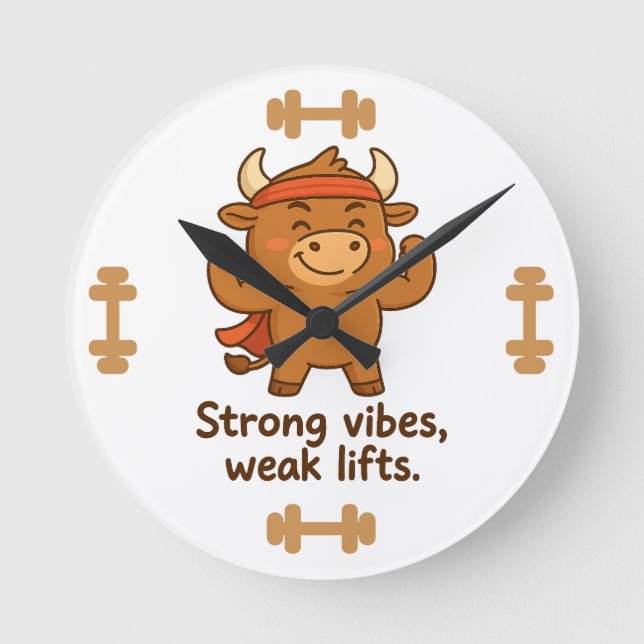 Strong Vibes, Weak Lifts – Coach Bullio Style Round Clock (Front)