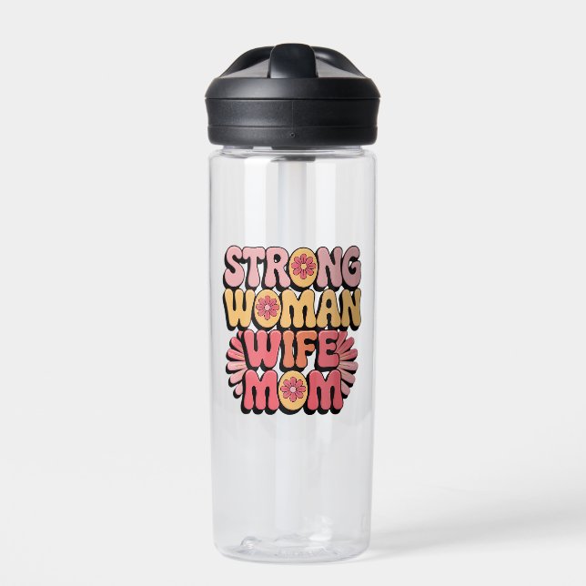 Strong Woman Wife Mom Retro Floral Typography Water Bottle (Front)