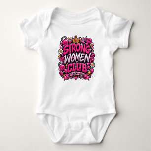 Strong Women Club Pink Fitness Typography Design Baby Bodysuit