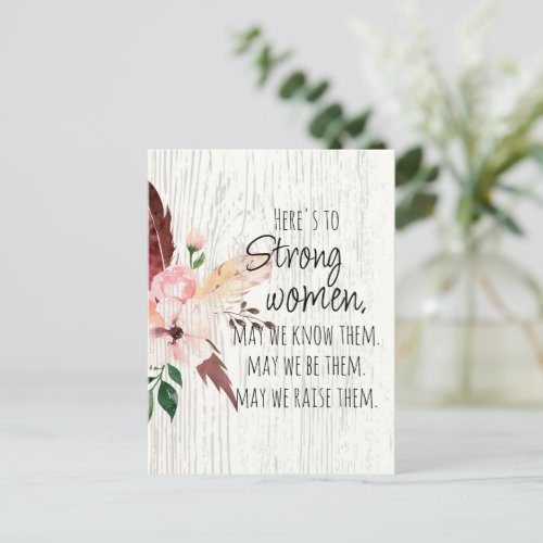 Strong Women Quote Floral Feather Wood Effect Postcard